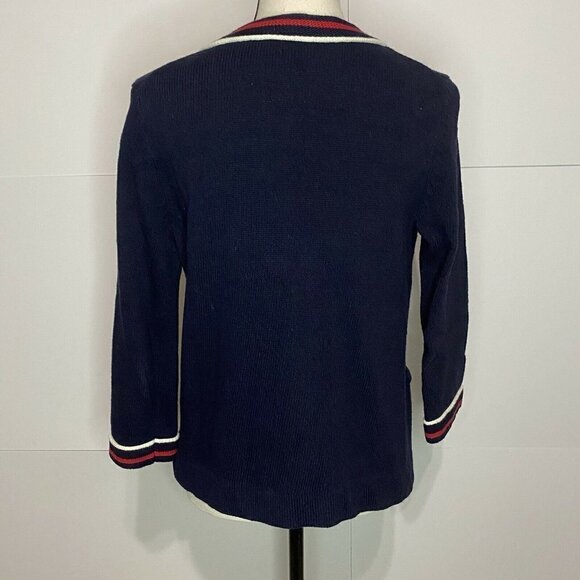 Talbots Petite Small Navy Open Front Cardigan Red White Trim EUC - Picture 5 of 6